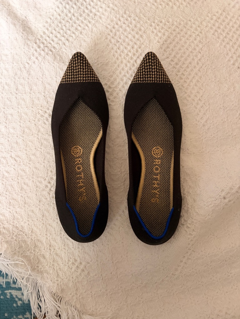 Rothy's Black Pointed-Toe Flats with Gold-Tip Accent